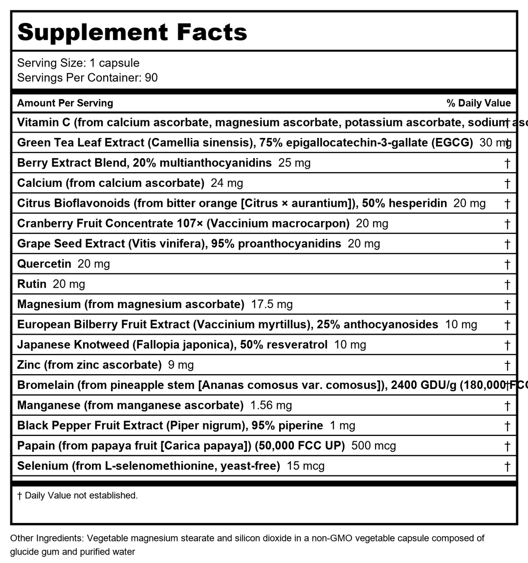 New Roots Herbal Vitamin C8 Immune Antioxidant Complex 527mg 90 Capsules - Supplement Facts panel