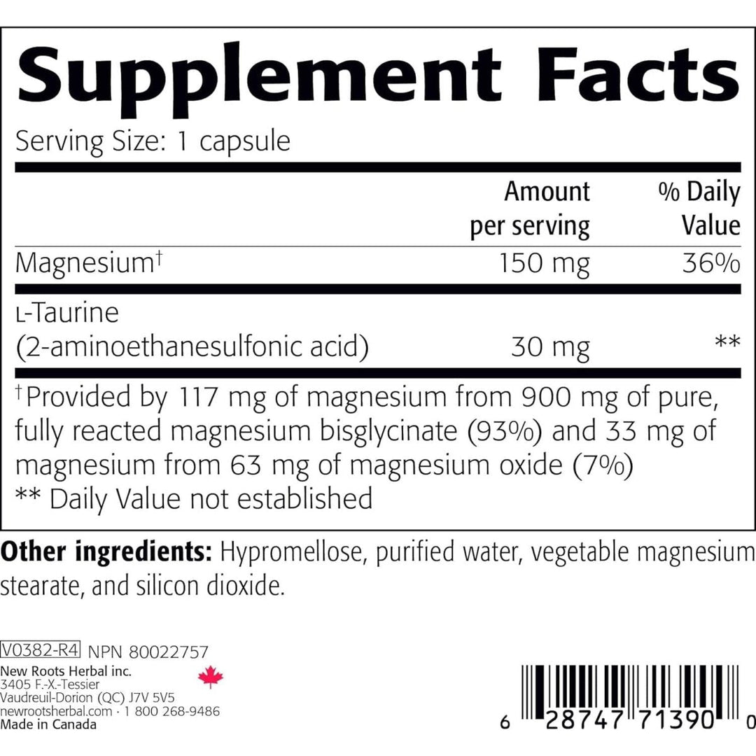 New Roots Herbal Magnesium Bisglycinate 150 mg Elemental Magnesium 120 Capsules - Supplement Facts panel