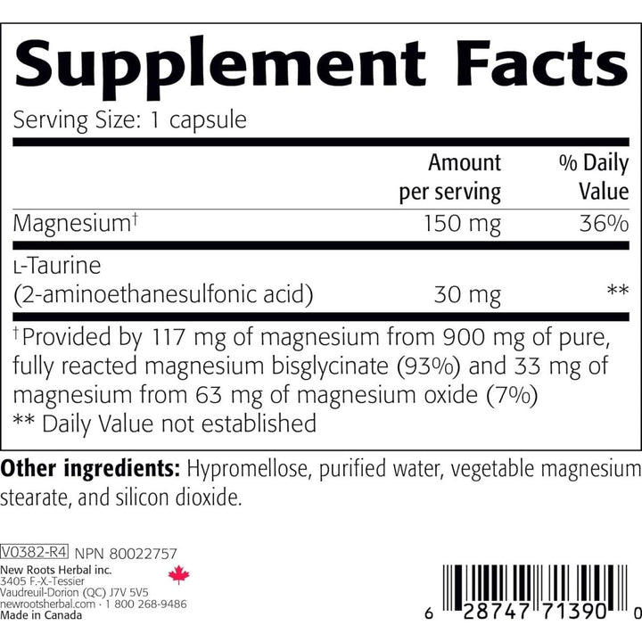 New Roots Herbal Magnesium Bisglycinate 150 mg Elemental Magnesium 120 Capsules - Supplement Facts panel