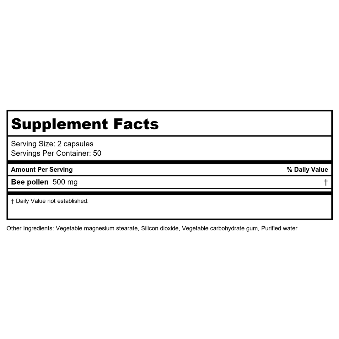 New Roots Herbal Bee Pollen 500 mg 100 Capsules - Supplement Facts panel