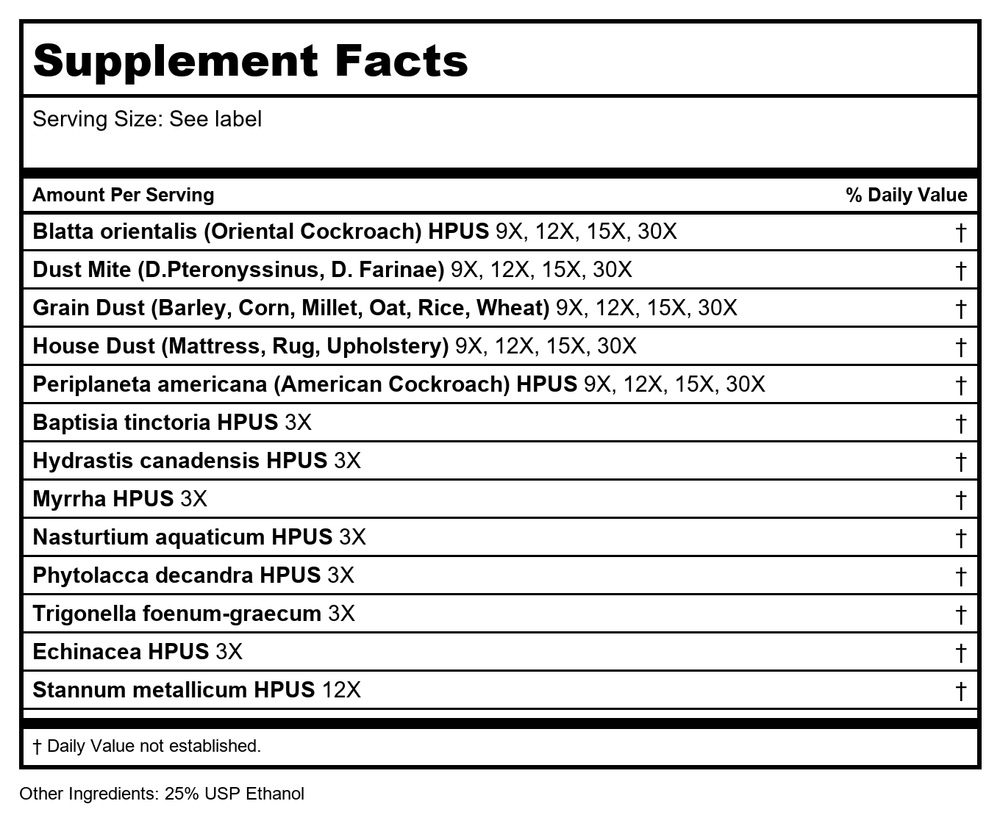 Progena Allergena Dust + Mite 1oz - Supplement Facts panel