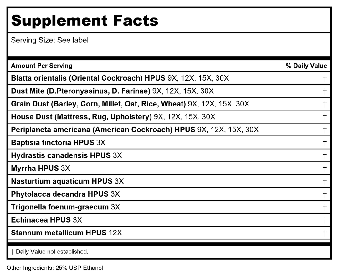 Progena Allergena Dust + Mite 1oz - Supplement Facts panel
