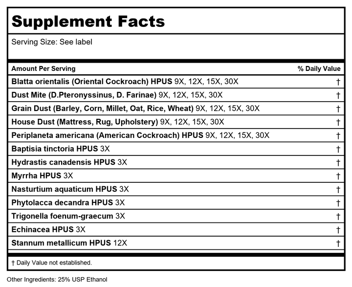 Progena Allergena Dust + Mite 1oz - Supplement Facts panel