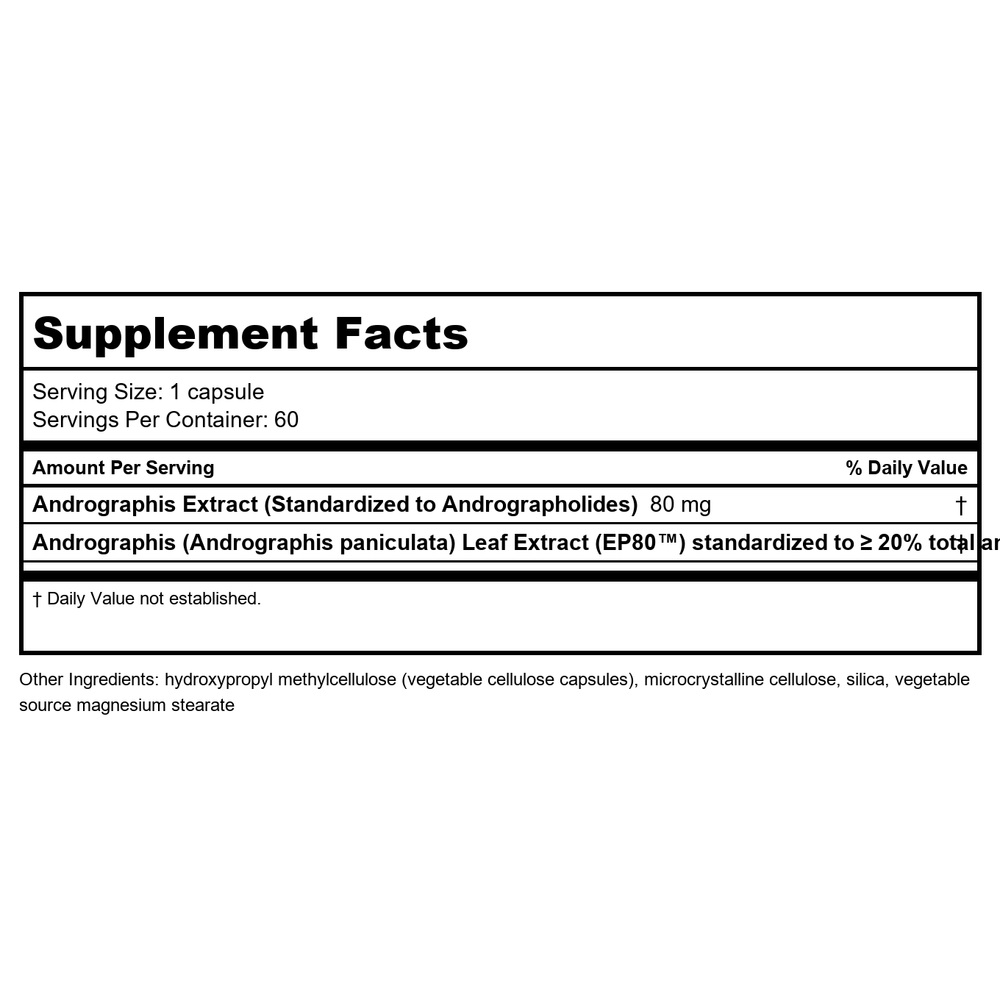 Euromedica Andrographis EP80 Extra Strength 60 Capsules - Supplement Facts panel