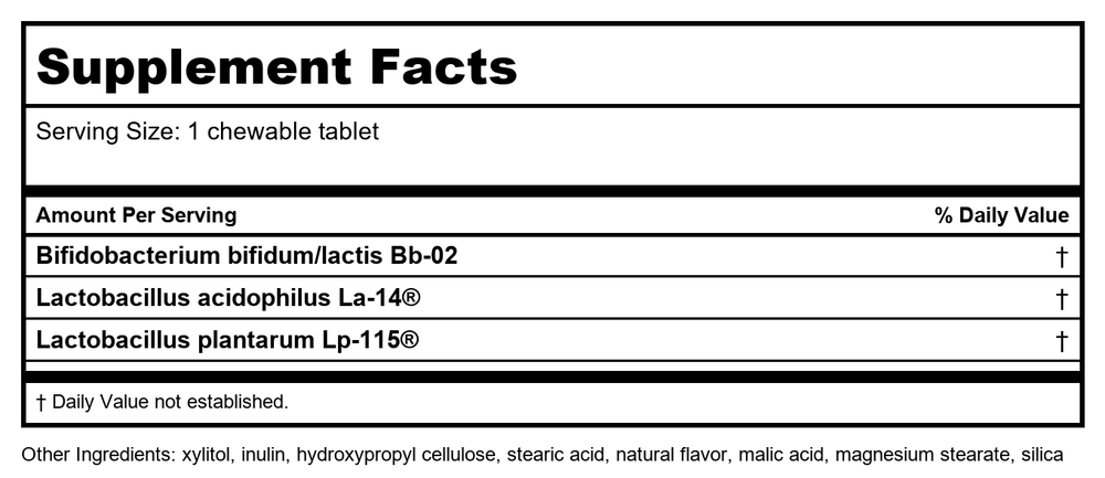 Nature's Way Primadophilus Kids Probiotic Cherry Flavor 30 Chewable Tablets - 4 Pack - Supplement Facts panel