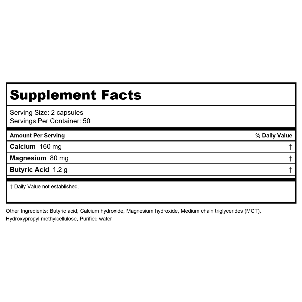 BodyBio Calcium Magnesium Butyrate 250 Capsules - Supplement Facts panel
