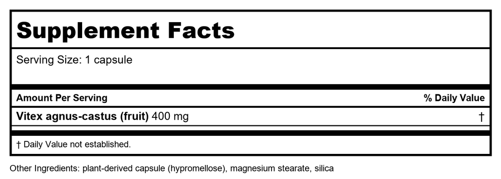 Nature's Way Vitex Fruit 100 Vcaps - 4 Pack - Supplement Facts panel