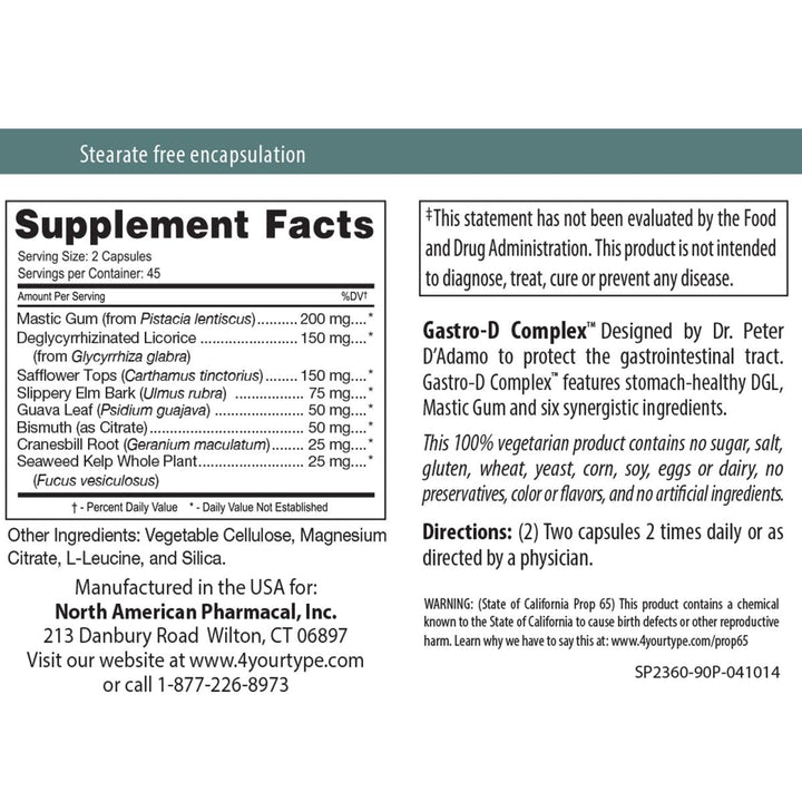Gastro-D Complex 90 Capsules - 2 Pack - Supplement Facts panel