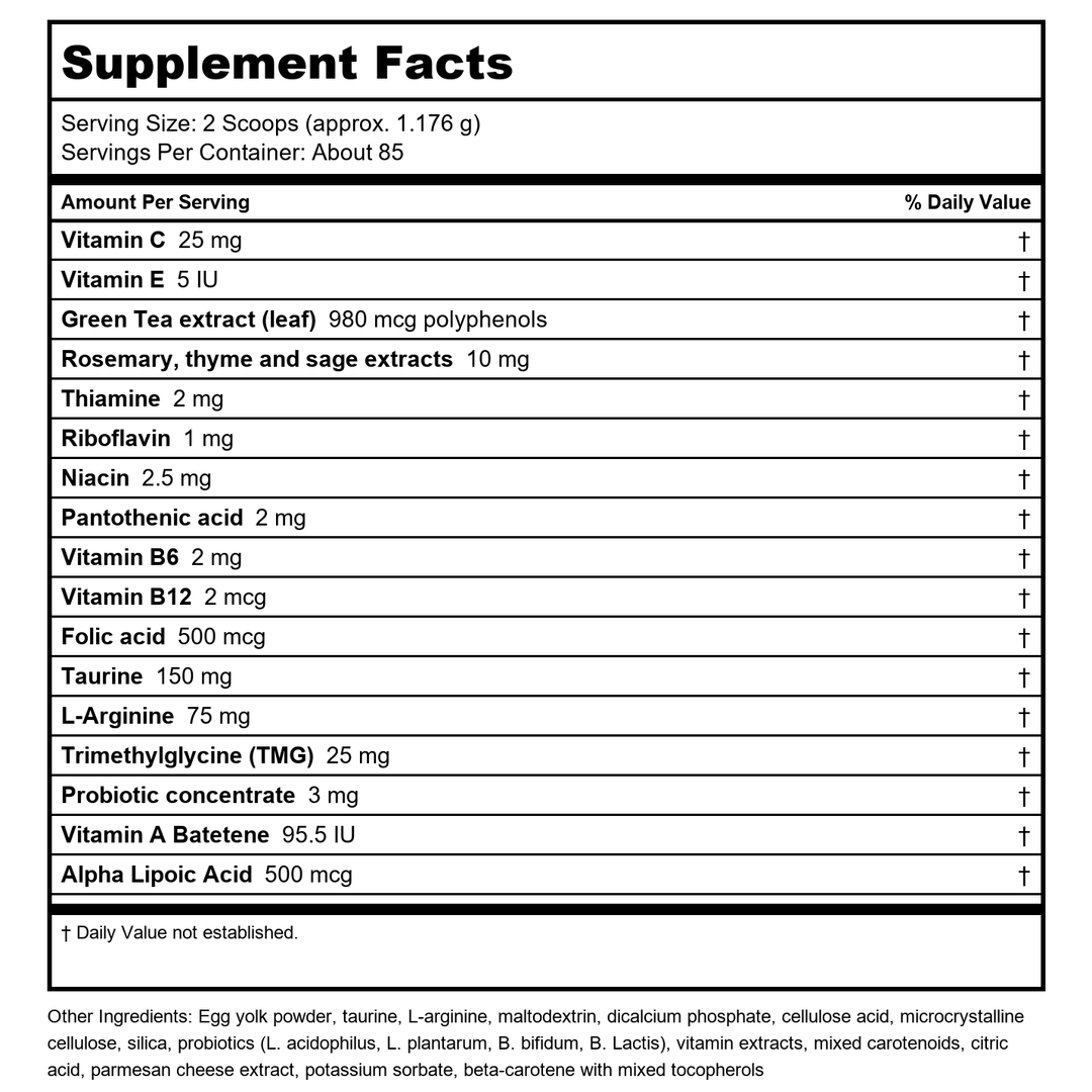 Life Extension Cat Mix ? For Heart, Kidney &amp; Pancreatic Function + Gut Health ?with Vitamins &amp; Essential Nutrients - Formula For Kitty - Gluten-Free, Non-GMO ? Net Wt.100 Grams (85 Servings) - Supplement Facts panel