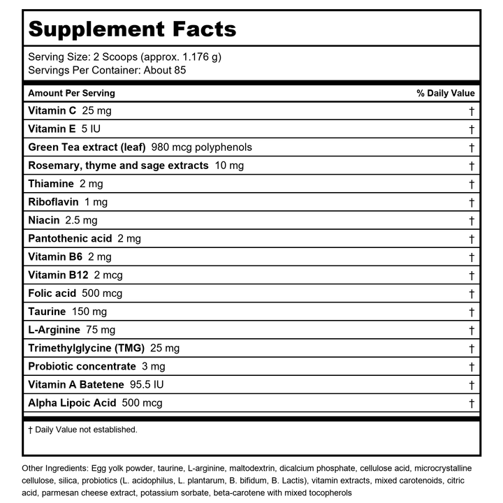 Life Extension Cat Mix ? For Heart, Kidney &amp; Pancreatic Function + Gut Health ?with Vitamins &amp; Essential Nutrients - Formula For Kitty - Gluten-Free, Non-GMO ? Net Wt.100 Grams (85 Servings) - Supplement Facts panel