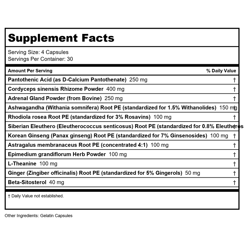 RLC, a-Drenal, Adrenal Support for Stress Relief and Energy, 120 Capsules - 2 Pack (240 Capsules) - Supplement Facts panel