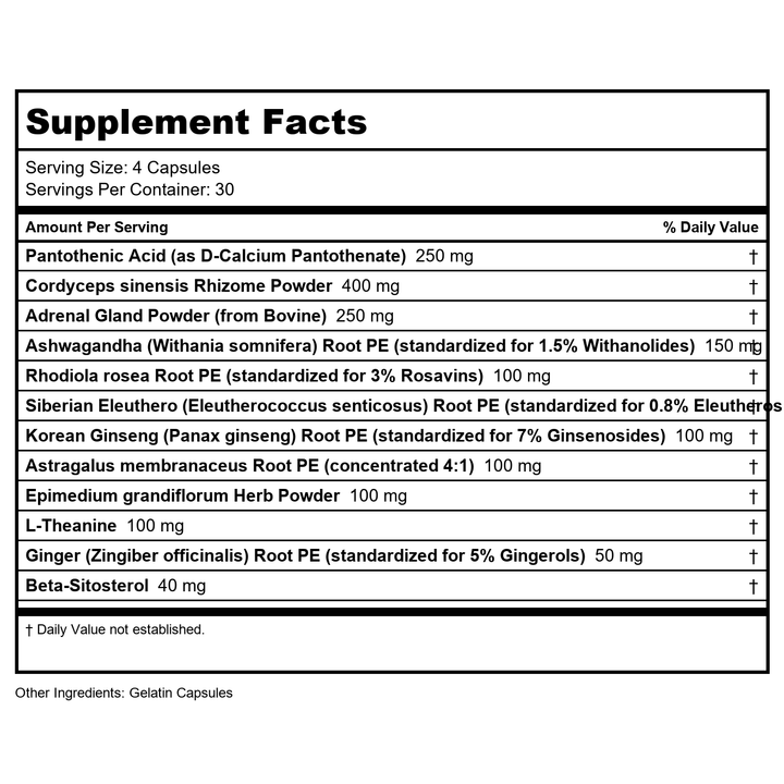 RLC, a-Drenal, Adrenal Support for Stress Relief and Energy, 120 Capsules - 2 Pack (240 Capsules) - Supplement Facts panel