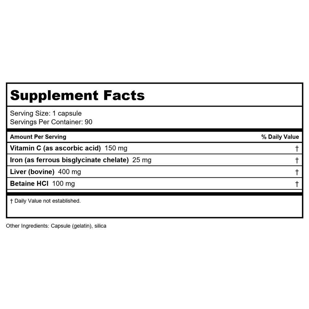 Apex Energetic HemeVite Plus 90 Capsules - K116 - Supplement Facts panel