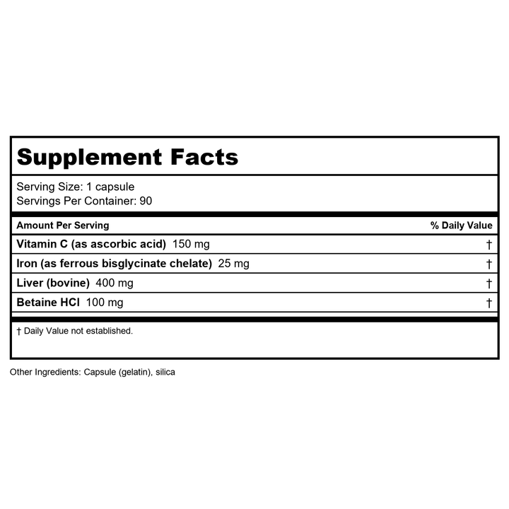 Apex Energetic HemeVite Plus 90 Capsules - K116 - Supplement Facts panel