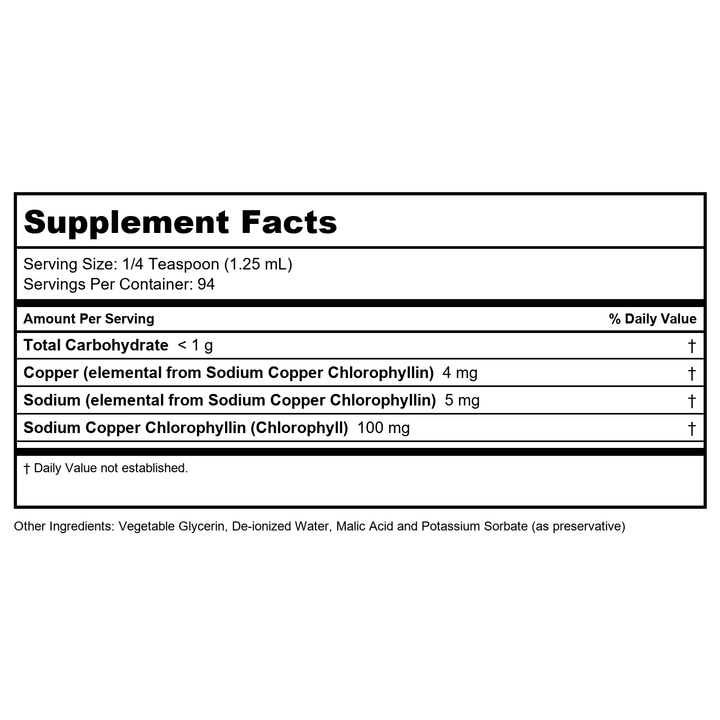 NOW Supplements, Extra Strength Liquid Chlorophyll, Unflavored, Internal Deodorizer*, Promotes Cleansing*, Freshens Breath*, 4X Concentration, 4 FL. OZ. (118 mL) - Supplement Facts panel