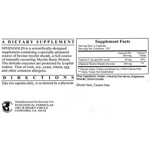 Sphingolin 240 Capsules - 2 Pack - Ecological Formulas/Cardiovascular Research - Supplement Facts panel