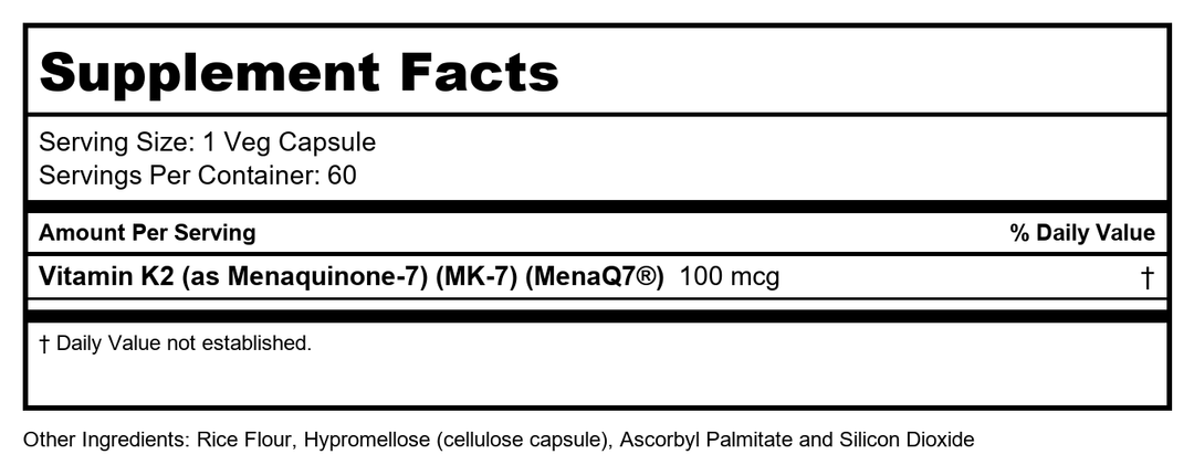Now Foods Vitamin K-2 (MK7) Veg Capsules, 100 mcg, 60 Count, Pack of 2 - Supplement Facts panel