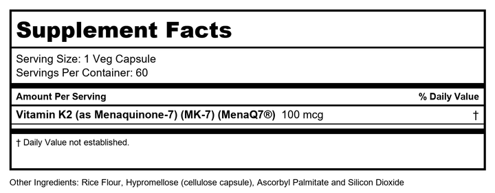 Now Foods Vitamin K-2 (MK7) Veg Capsules, 100 mcg, 60 Count, Pack of 2 - Supplement Facts panel