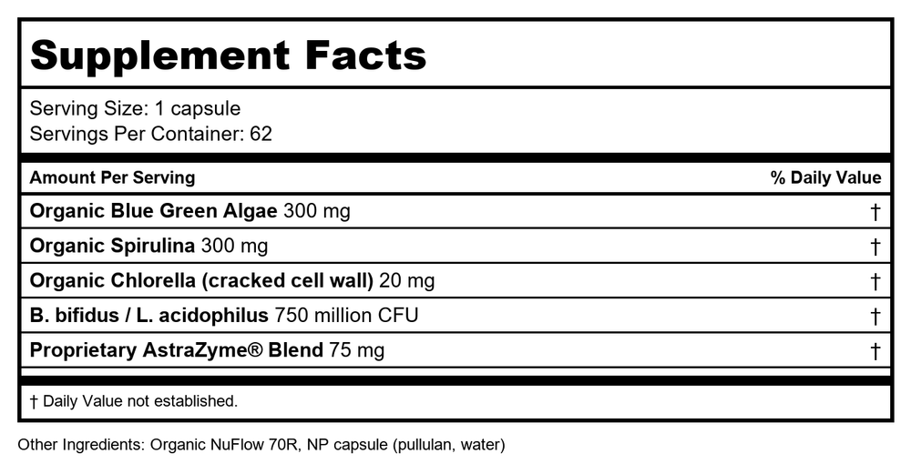 US Chlora-Xym Enzymes 62 Cap per Bottle Blue Green Algae - Supplement Facts panel