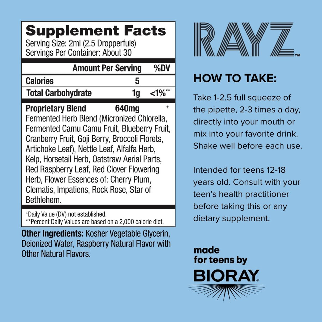 BIORAY RAYZ All Systems Glow, Raspberry Flavor - 2 fl oz - Convenient Source of Vitamins &amp; Minerals for Teens 12-18 Years Old - Supplement Facts panel