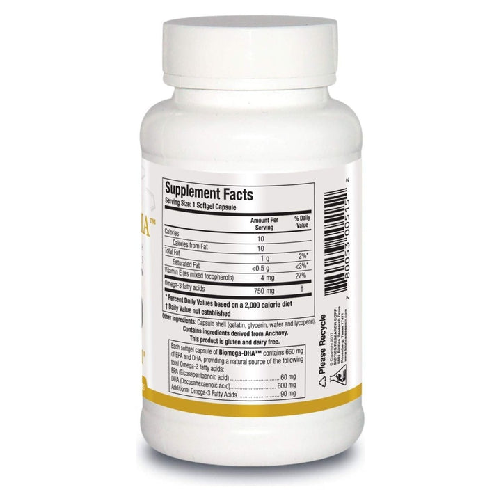 BIOTICS Research Biomega DHA Fish Oil, 600 mg DHA, Supports Learning and Memory, Fetal Brain Vitamins, 90 Softgels - Supplement Facts panel
