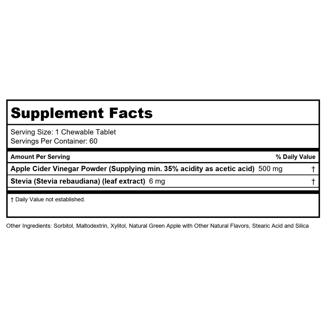 KAL Chewable Tablets, Apple Cider Vinegar, 500 mg, 60 Count  51865 - Supplement Facts panel