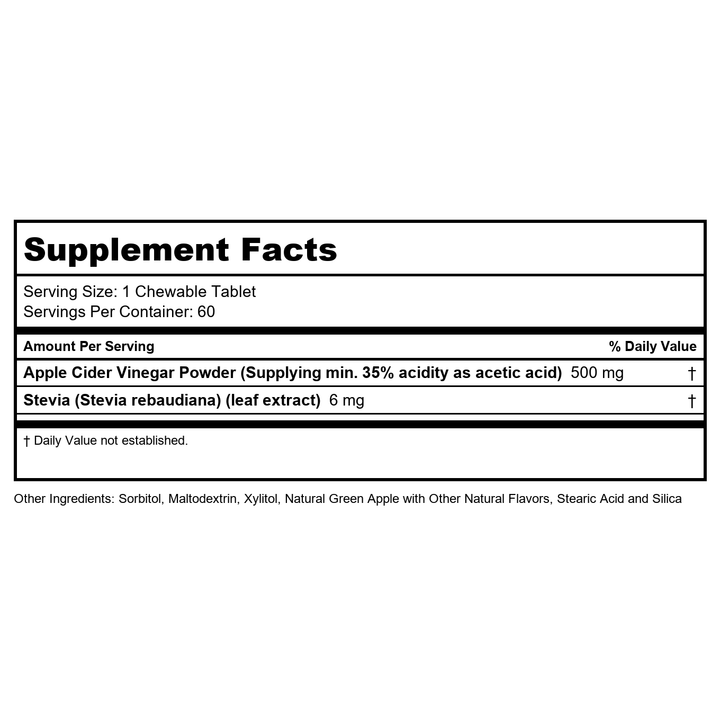 KAL Chewable Tablets, Apple Cider Vinegar, 500 mg, 60 Count  51865 - Supplement Facts panel