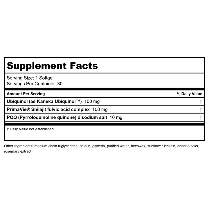 Life Extension Super Ubiquinol CoQ10 with PQQ, CoQ10, PQQ, shilajit, heart health, cellular energy support, 8x better absorption, gluten-free, 100 mg, 30 softgels - Supplement Facts panel