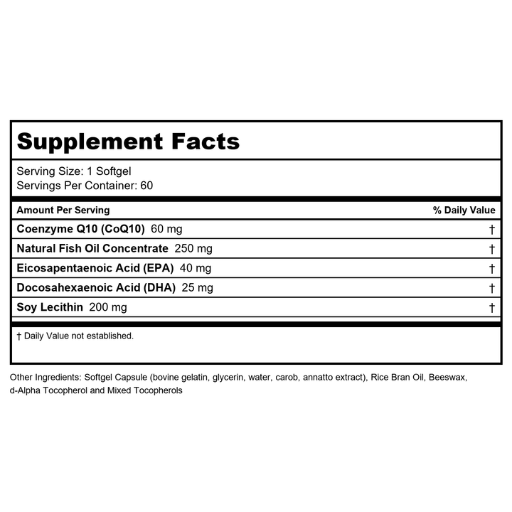 NOW Supplements, CoQ10 60 mg with Omega 3 Fish Oil, Cardiovascular Health*, 60 Softgels - Supplement Facts panel