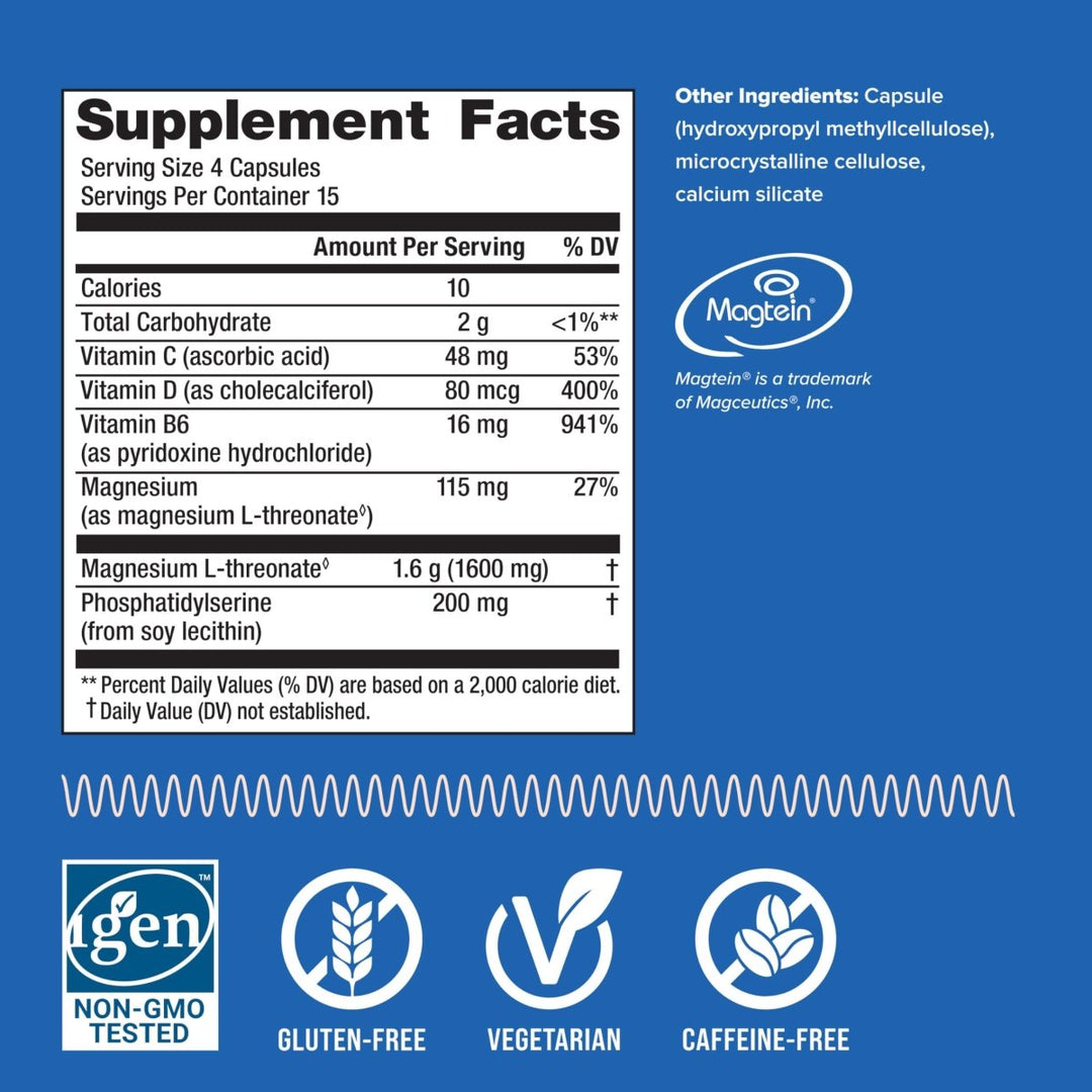Natural Vitality Focus, Magnesium L-Threonate and Phosphatidylserine Nootropic Brain Supplements for Memory, Focus, and Cognition, Gluten Free, Vegetarian, 60 Capsules - Supplement Facts panel