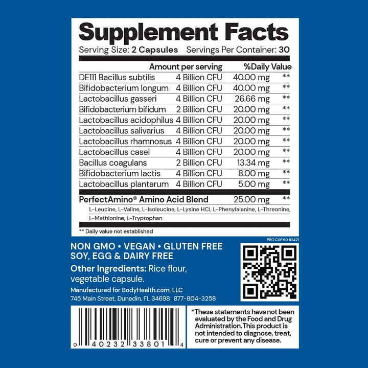 BodyHealth Probiotic - Enhanced with Perfect Amino (60 Caps), High Potency reseeding probiotics and Cutting-Edge Spore Probiotics, Acid- and Bile-Resistant - Supplement Facts panel