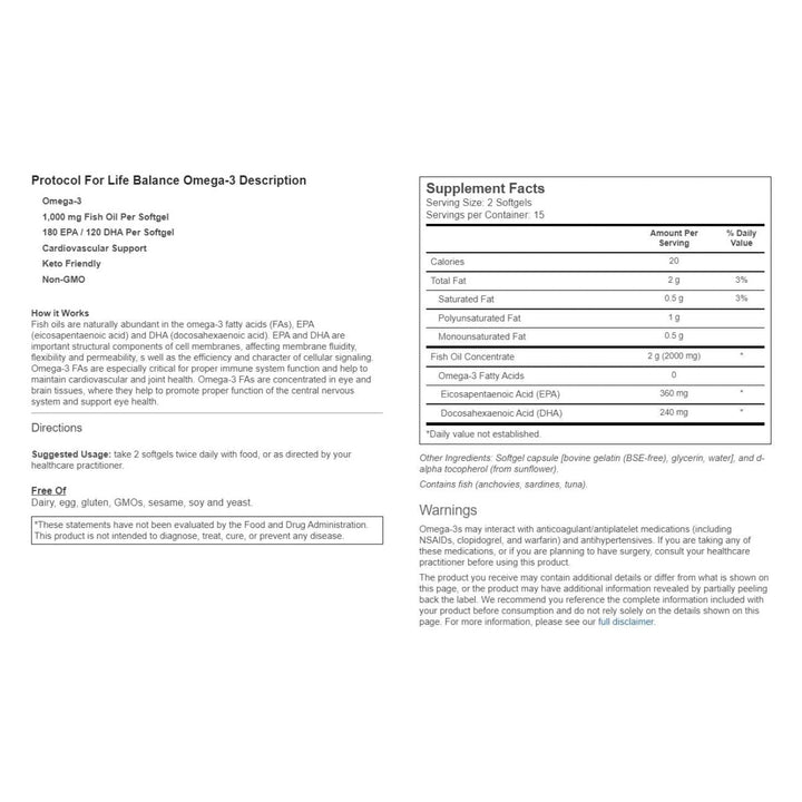 PROTOCOL FOR LIFE BALANCE - Ultra Omega-3 (180 EPA / 120 DHA) - 30 Softgels - Supplement Facts panel