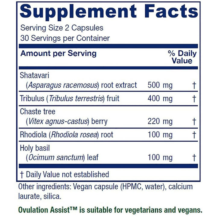 Vitanica Ovulation Assist - Pro Logo - 60 Vegan Caps - Supplement Facts panel