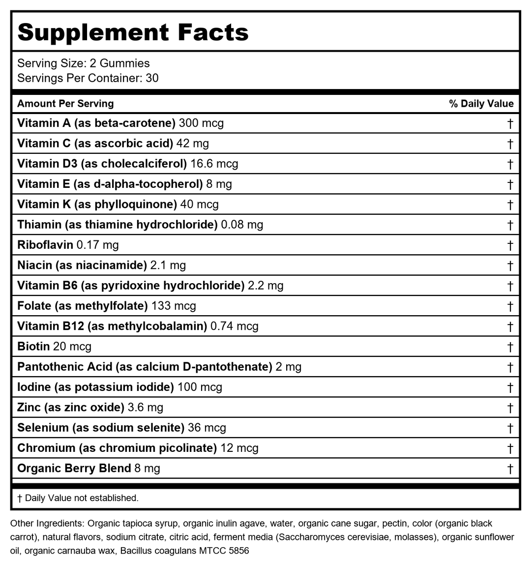 New Chapter Kids Multivitamin Gummies - 50% Less Sugar, Kids Gummy Vitamins with Vitamins C, D3 &amp; Zinc, Non-GMO, Gluten Free, Berry-Citrus, 60ct - Supplement Facts panel