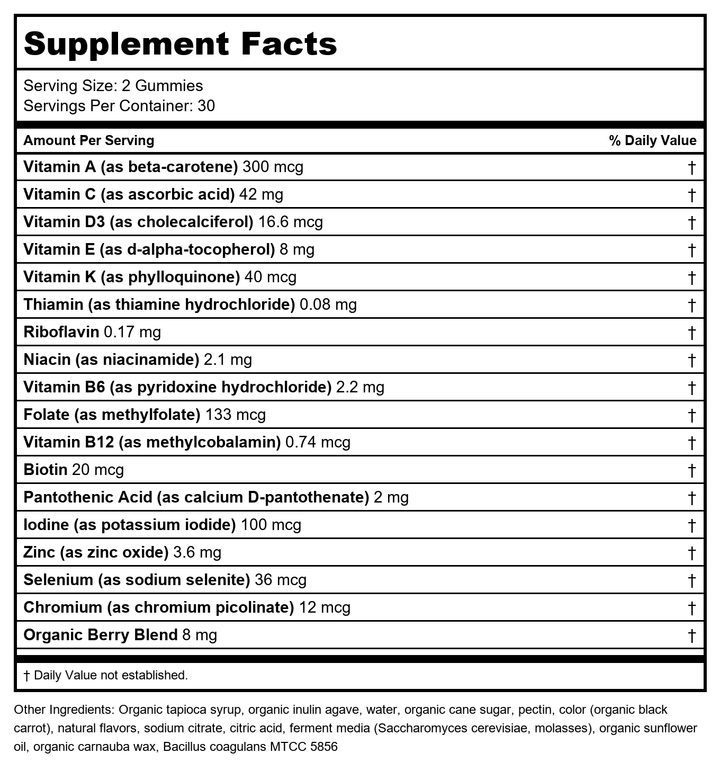 New Chapter Kids Multivitamin Gummies - 50% Less Sugar, Kids Gummy Vitamins with Vitamins C, D3 &amp; Zinc, Non-GMO, Gluten Free, Berry-Citrus, 60ct - Supplement Facts panel