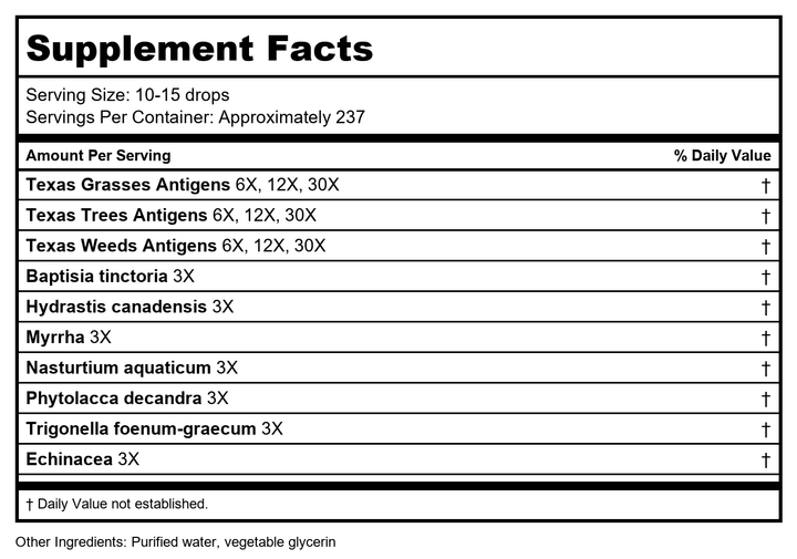 PROGENA - Allergena Texas Cedar Fever (2 FL Ounce) - Supplement Facts panel