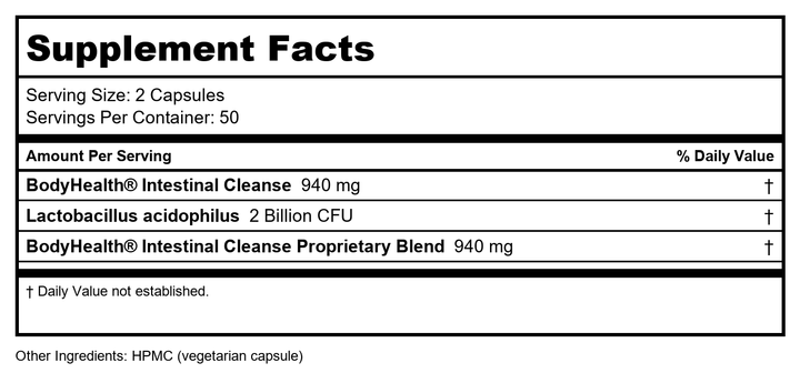 BodyHealth Eliminate - (100 Capsules) - Supplement Facts panel