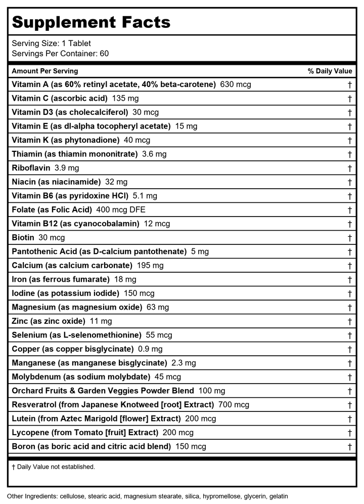 Nature?s Way Alive! Daily Energy Multivitamin 22 Vitamins and Minerals 60 Tablets - Supplement Facts panel