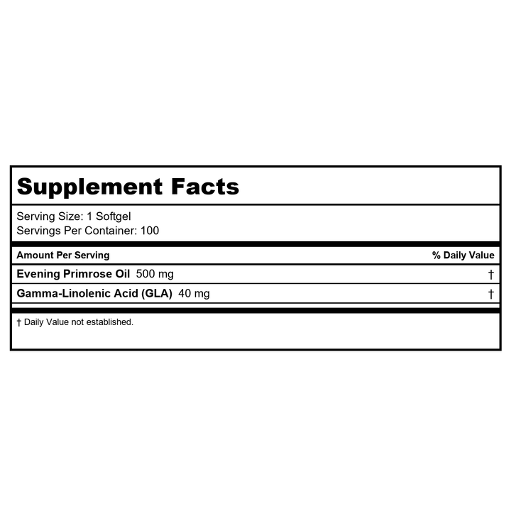 Biotics Research Evening Primrose Oil Potent Gamma Linolenic Acid GLA Source, Linoleic Acid, Healthy and Balanced Body Response, Cardiovascular, Neurological, Skin, Women?s Health. 100 Softgels - Supplement Facts panel