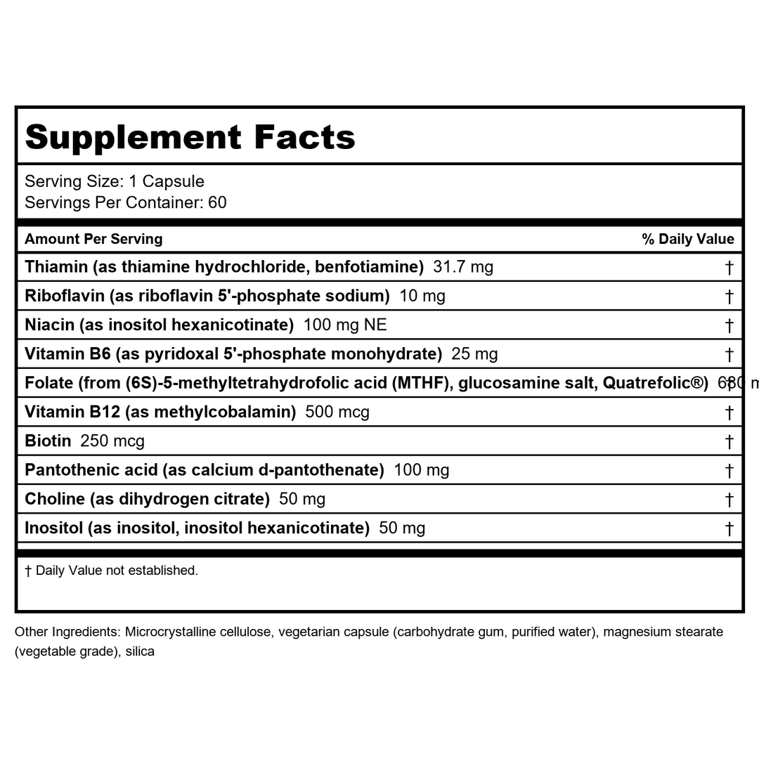 Bioclinic Naturals Enhanced B Complex 60 Softgels - Biologically Active and with Quatrefolic Folate - Supplement Facts panel