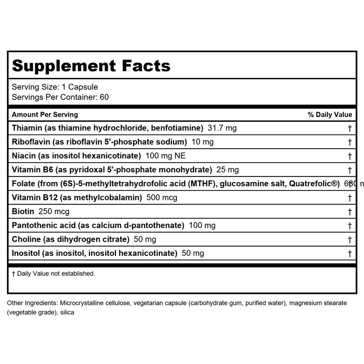 Bioclinic Naturals Enhanced B Complex 60 Softgels - Biologically Active and with Quatrefolic Folate - Supplement Facts panel