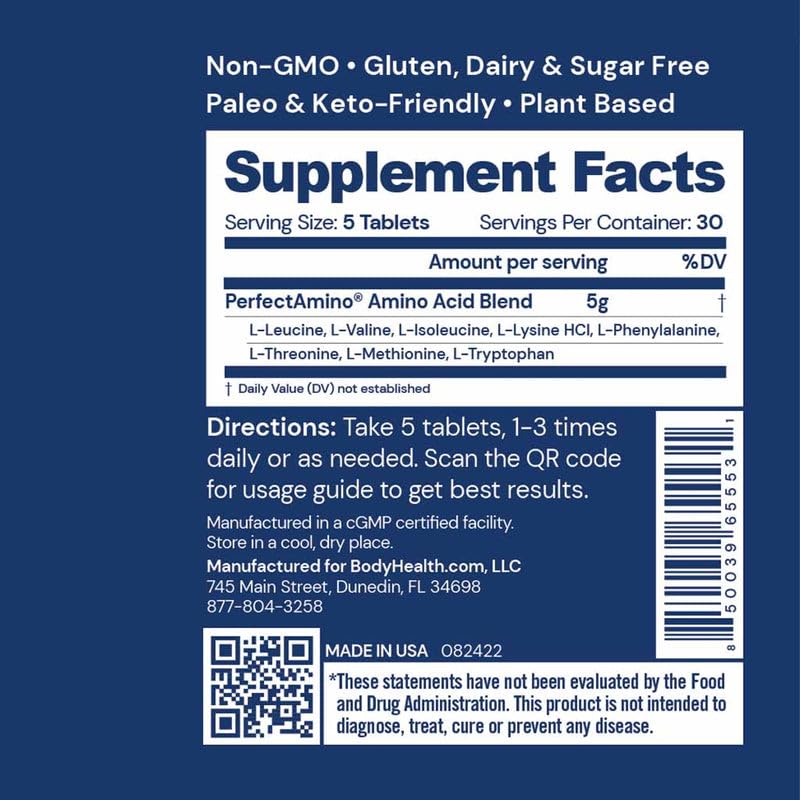 BodyHealth PerfectAmino (300 Tablets)  Vegan Branched Chain Protein Pre/Post Workout - Supplement Facts panel