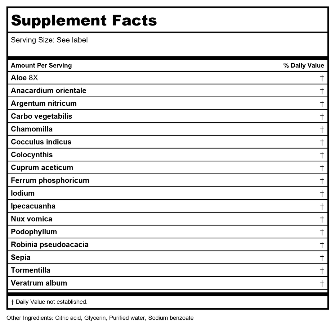 T-Relief Pet Digestive Complete GI Relief Drops for Dog &amp; Cat Soothing Aloe + 13 Natural Homeopathic Actives Help Calm Nausea &amp; Diarrhea from Mild Illness Food Stress or Motion Sickness - 1.69 oz - Supplement Facts panel