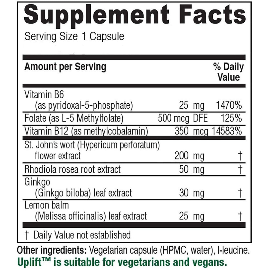 Vitanica Uplift, Mood and Emotional Support, Vegan/Vegetarian, 60 Capsules - Supplement Facts panel