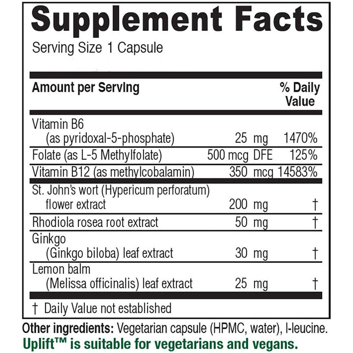 Vitanica Uplift, Mood and Emotional Support, Vegan/Vegetarian, 60 Capsules - Supplement Facts panel