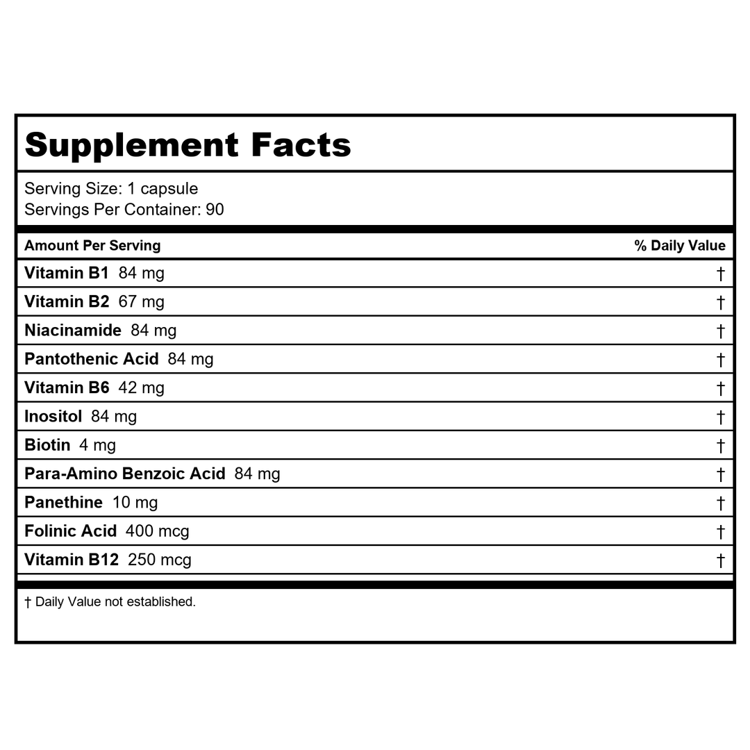 BodyBio - Vitamin B Complex Including B1, B2, B3, B5, B6, Methyl B12, Folinic Acid, 5-MTHF, and B7 to Supports Alertness, Metabolism &amp; Immune System, 90 Capsules - Supplement Facts panel