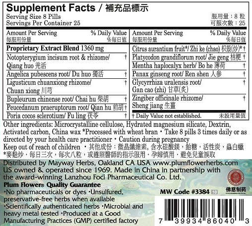Plum Flower Resilient Warrior Teapills by MayWay - Supplement Facts panel