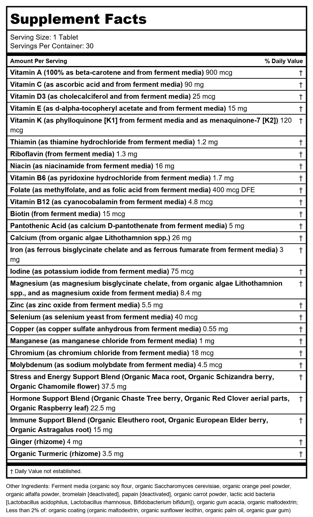 New Chapter? One Daily Multivitamin + Immunity ? Enhanced Immune Support from Extra Vitamin C, D3 &amp; Zinc + Clinical-Strength Holy Basil* 100% Vegetarian, Non-GMO, Certified Gluten Free, 30 ct - Supplement Facts panel