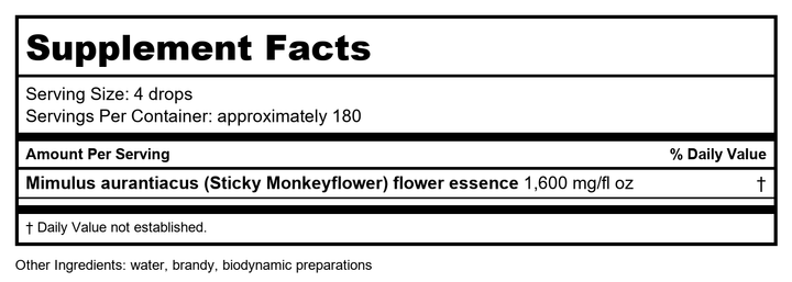 Sticky Monkeyflower Dropper 1 Ounces - Supplement Facts panel