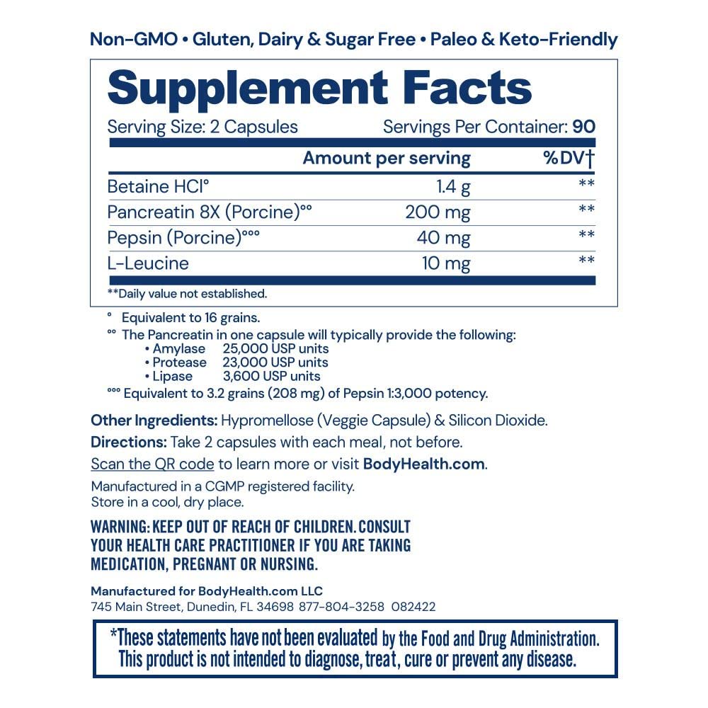 BodyHealth Digestive Enzymes Full Spectrum Digestive Support (180 caps), Betaine, Pepsin, Pancreatin BPP Loaded with Enzymes and Probiotics, Relief for Stomach Bloating, Heartburn, Gas, Constipation - Supplement Facts panel
